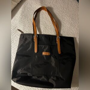 Roots Black and Leather Strap Zipper Closure Tote Bag